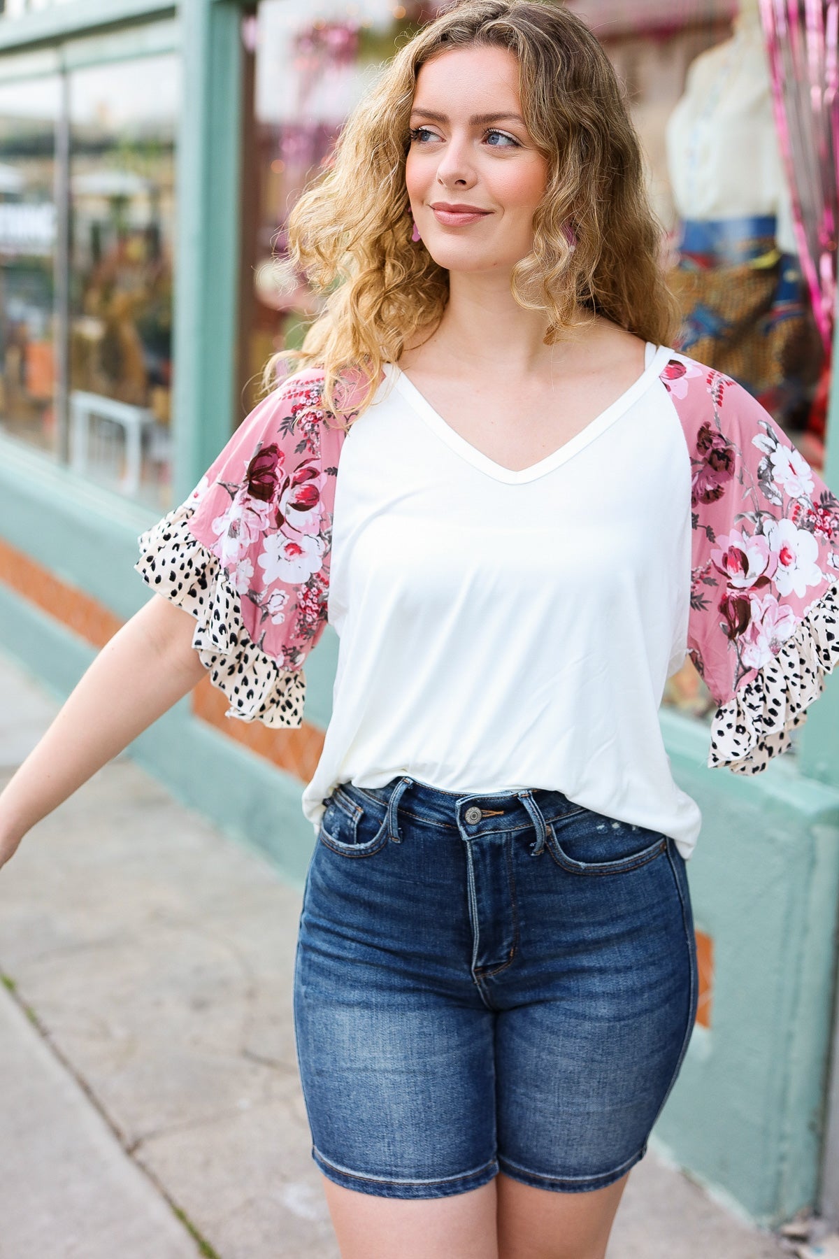 Seize The Day Cream Floral & Animal Print Ruffle Sleeve Top