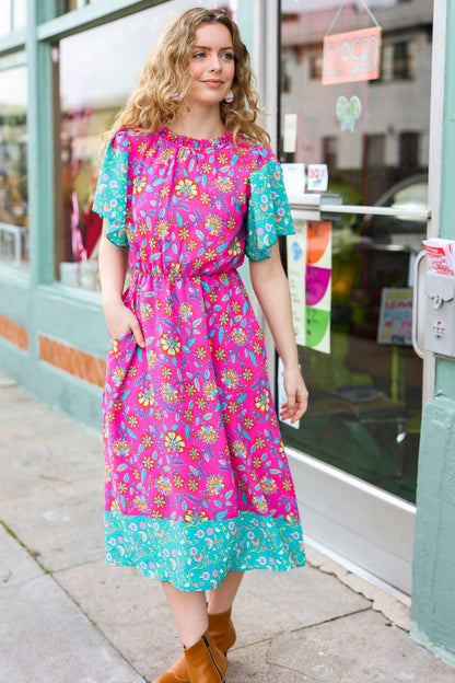 Haptics Charming Fuchsia & Mint Floral Frill Mock Neck Flutter Sleeve Midi Dress