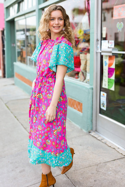 Haptics Charming Fuchsia & Mint Floral Frill Mock Neck Flutter Sleeve Midi Dress