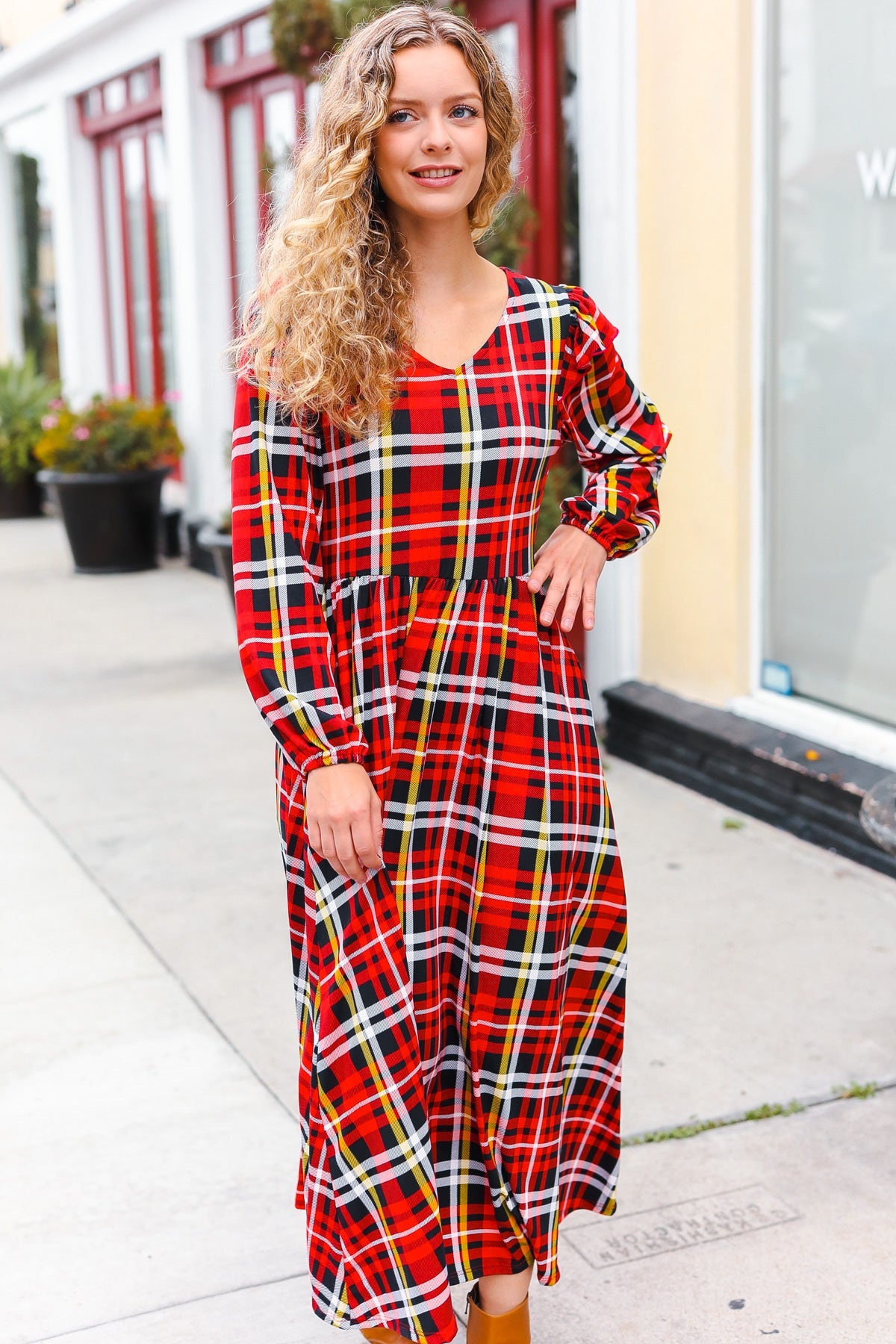 Adorable In Red Plaid Ruffle Detail Fit & Flare Midi Dress