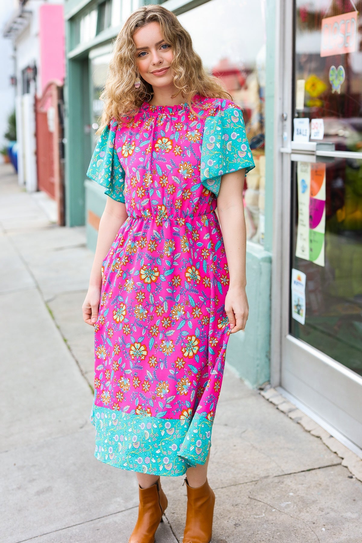 Haptics Charming Fuchsia & Mint Floral Frill Mock Neck Flutter Sleeve Midi Dress