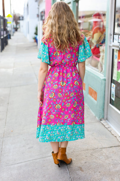 Haptics Charming Fuchsia & Mint Floral Frill Mock Neck Flutter Sleeve Midi Dress