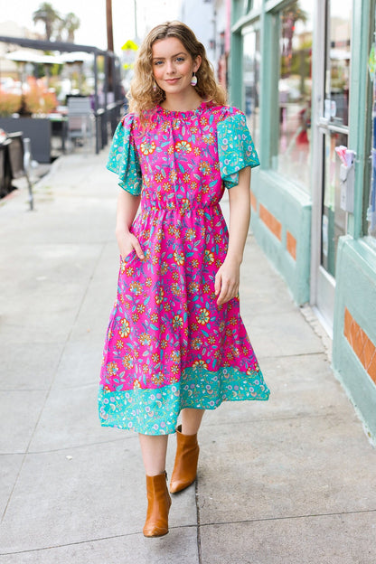 Haptics Charming Fuchsia & Mint Floral Frill Mock Neck Flutter Sleeve Midi Dress