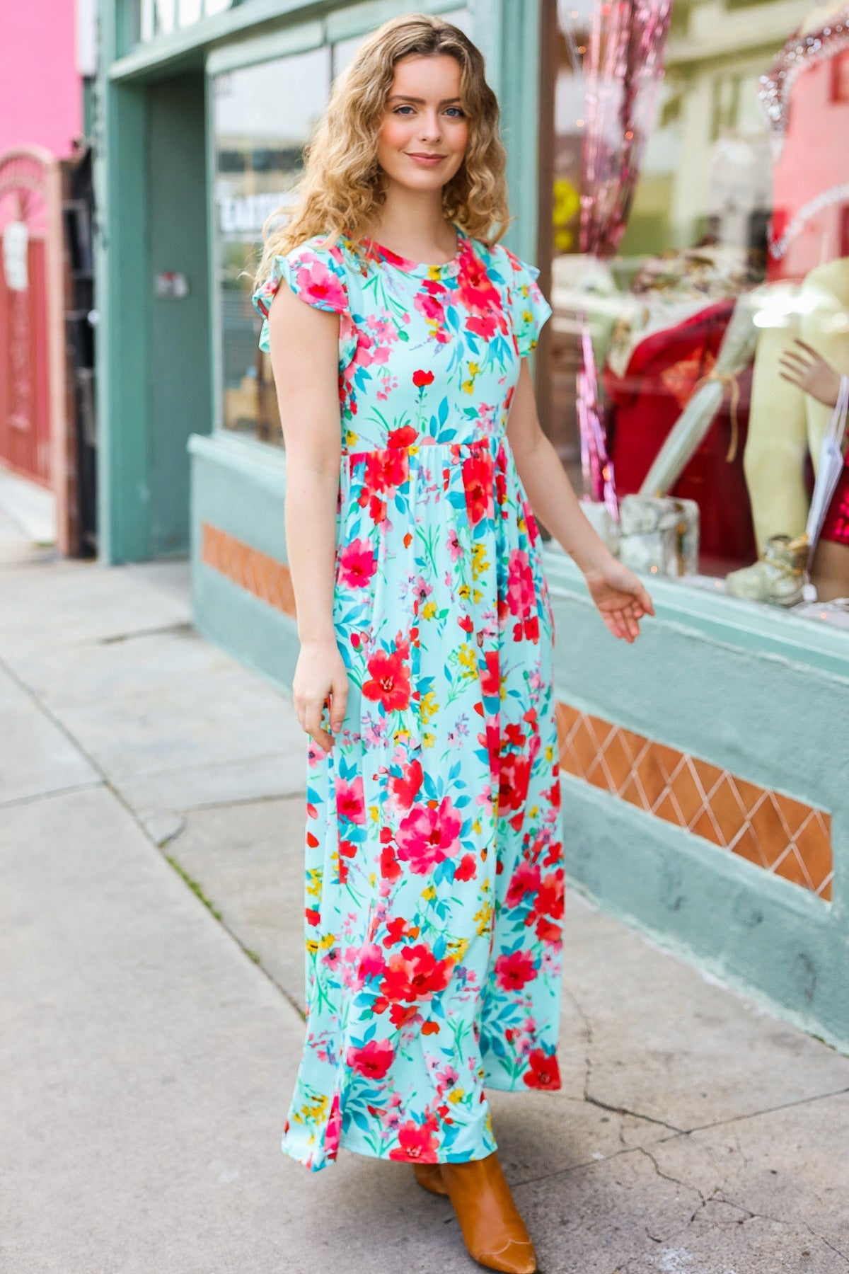 Aqua Floral Fit & Flare Maxi Dress