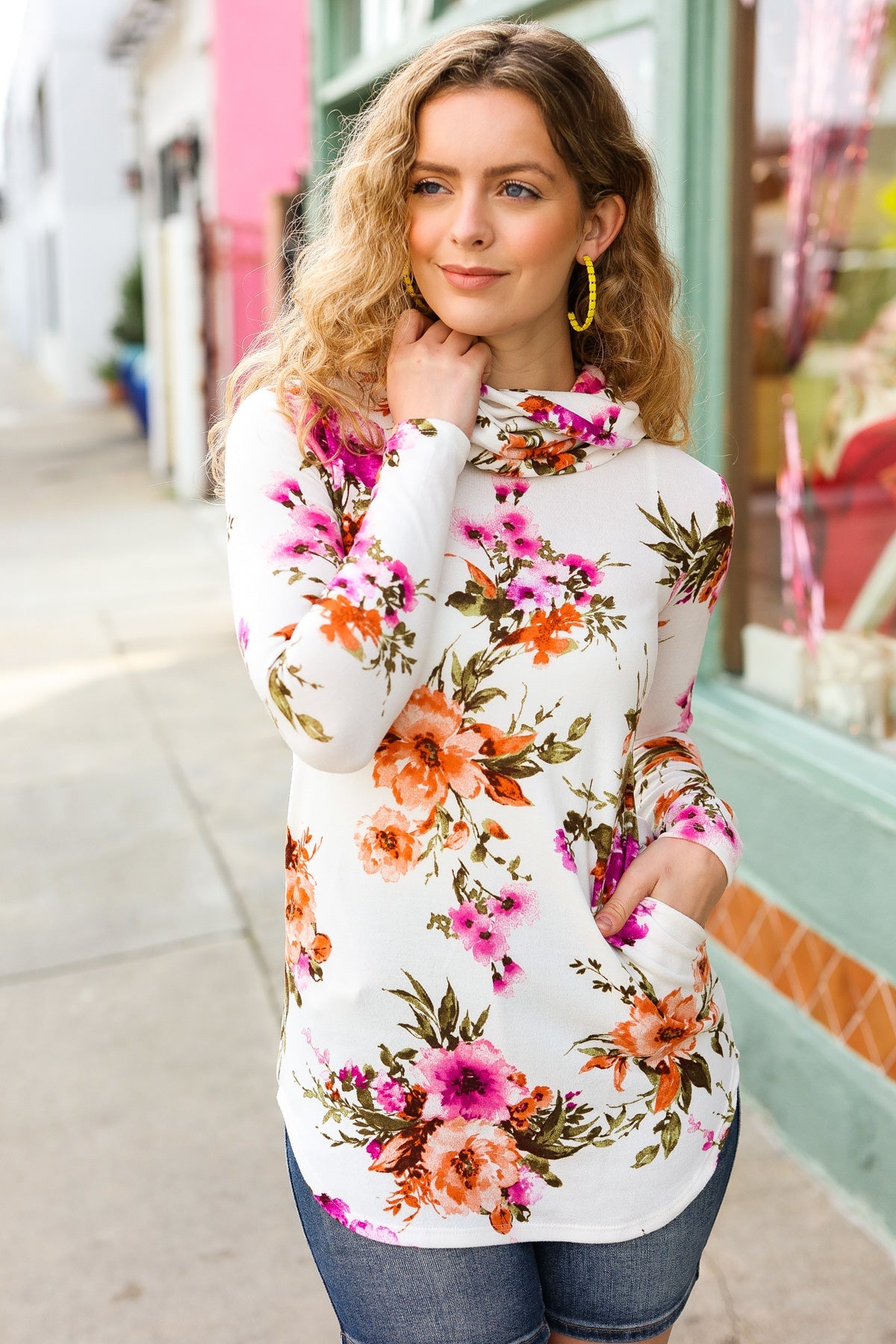 Cream Floral Cowl Neck Sweater Top