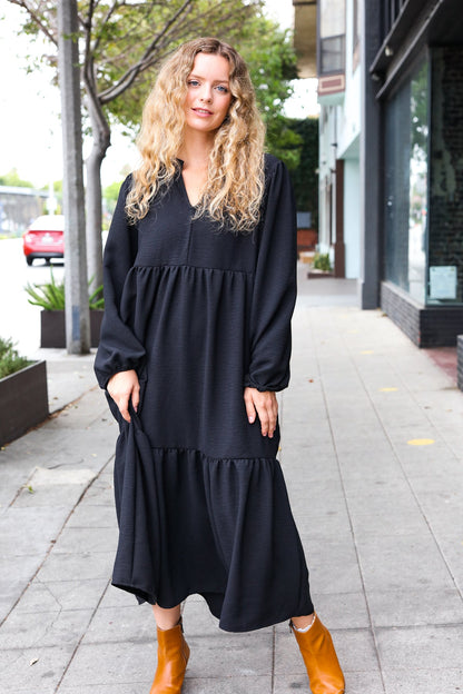 Lock Eyes Black Notched Neck Frill Hem Tiered Maxi Dress