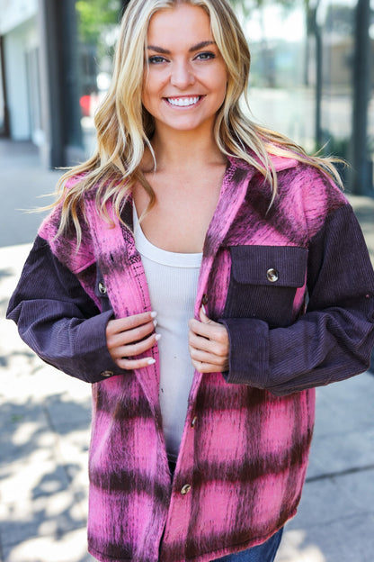 Spread Joy Pink & Brown Plaid Corduroy Button Down Fuzzy Jacket Entro