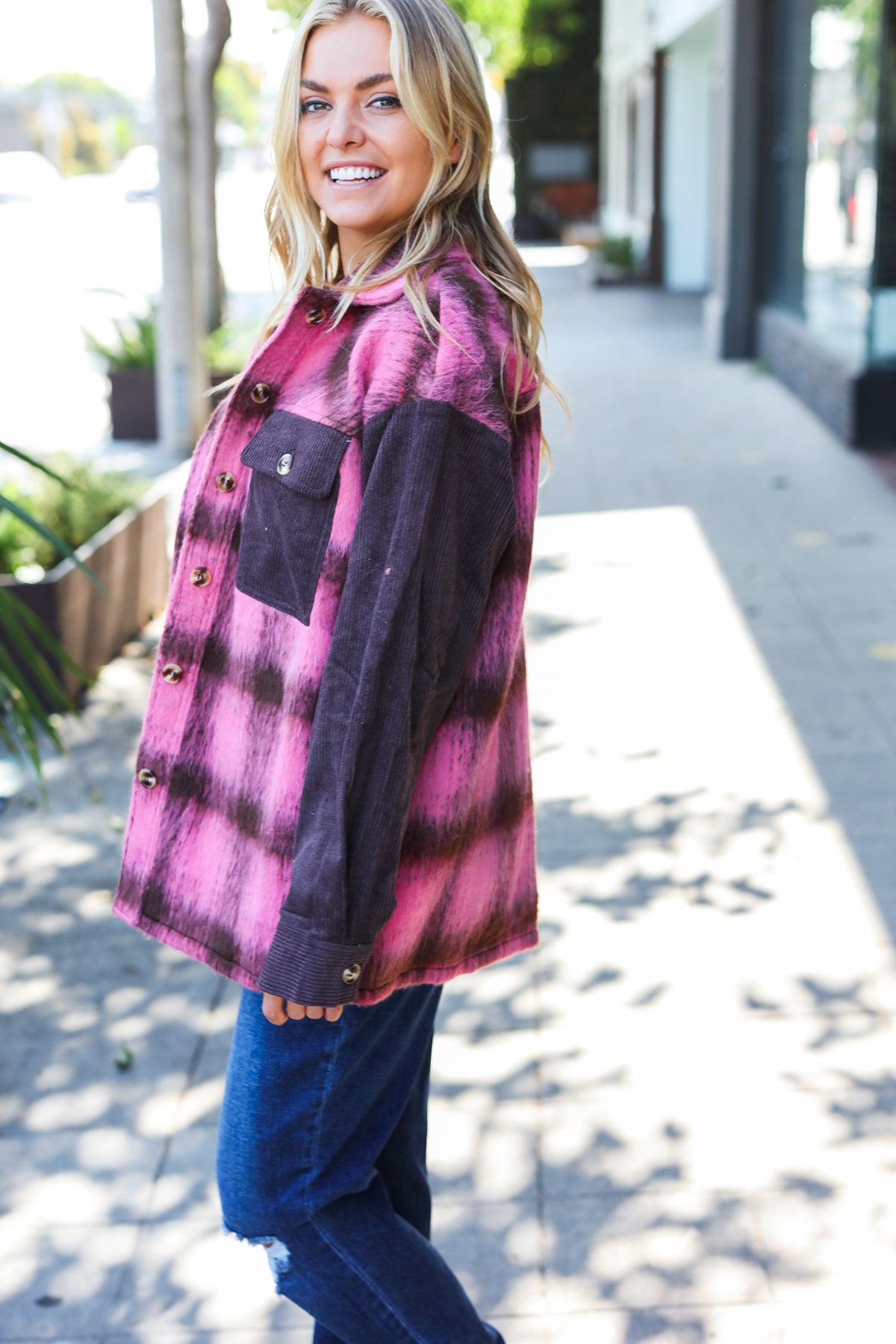 Spread Joy Pink & Brown Plaid Corduroy Button Down Fuzzy Jacket Entro