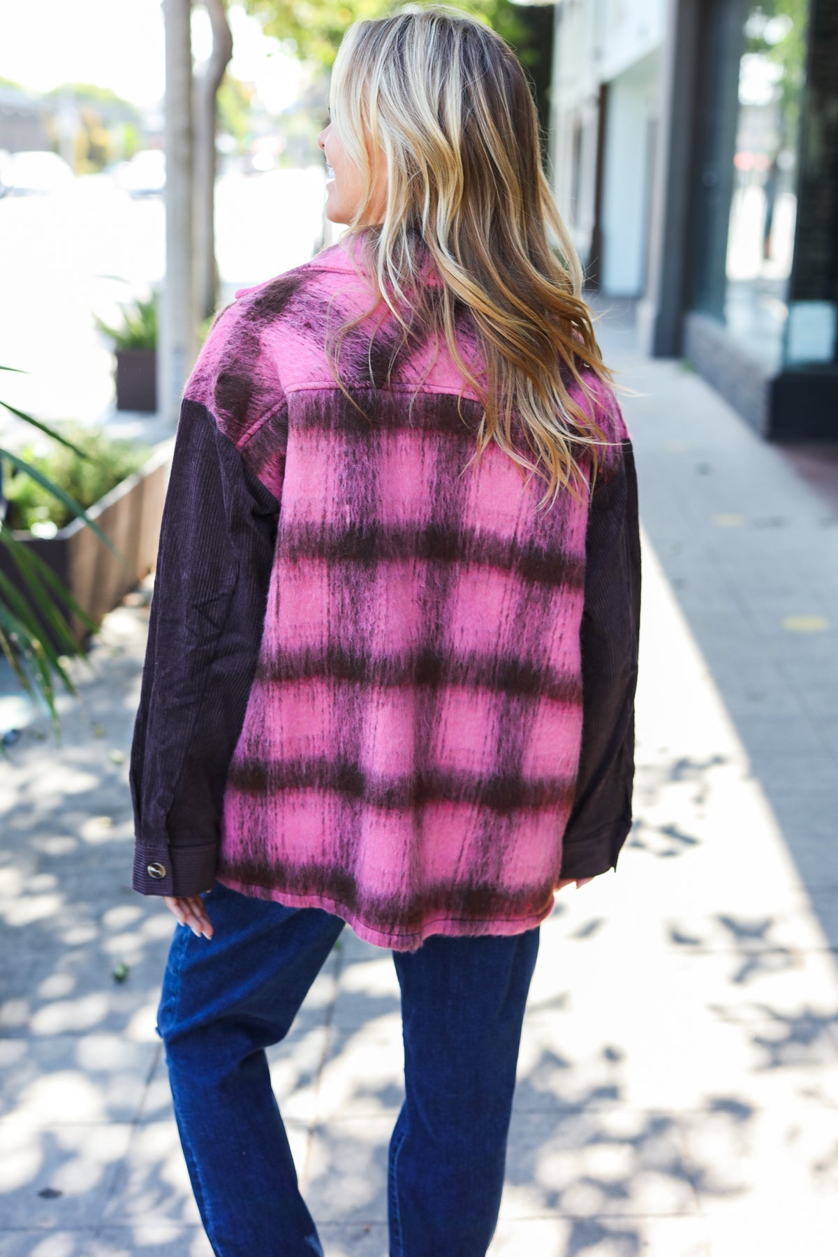 Spread Joy Pink & Brown Plaid Corduroy Button Down Fuzzy Jacket Entro