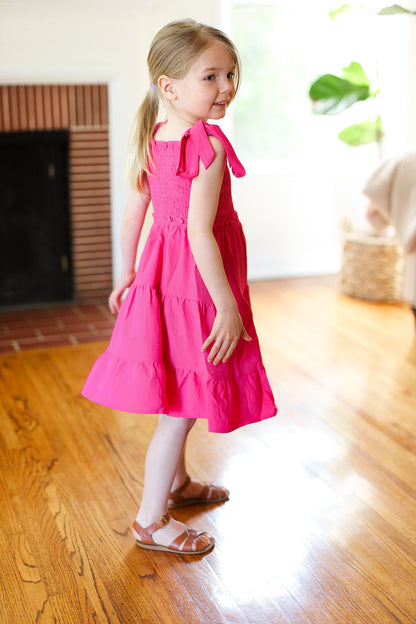 Darling Pink Crepe Tiered Smocked Shoulder Tie Dress