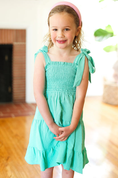 Darling Lime Crepe Tiered Smocked Shoulder Tie Dress