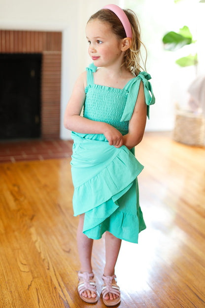 Darling Lime Crepe Tiered Smocked Shoulder Tie Dress