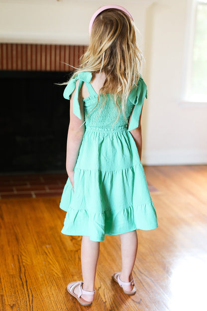 Darling Lime Crepe Tiered Smocked Shoulder Tie Dress