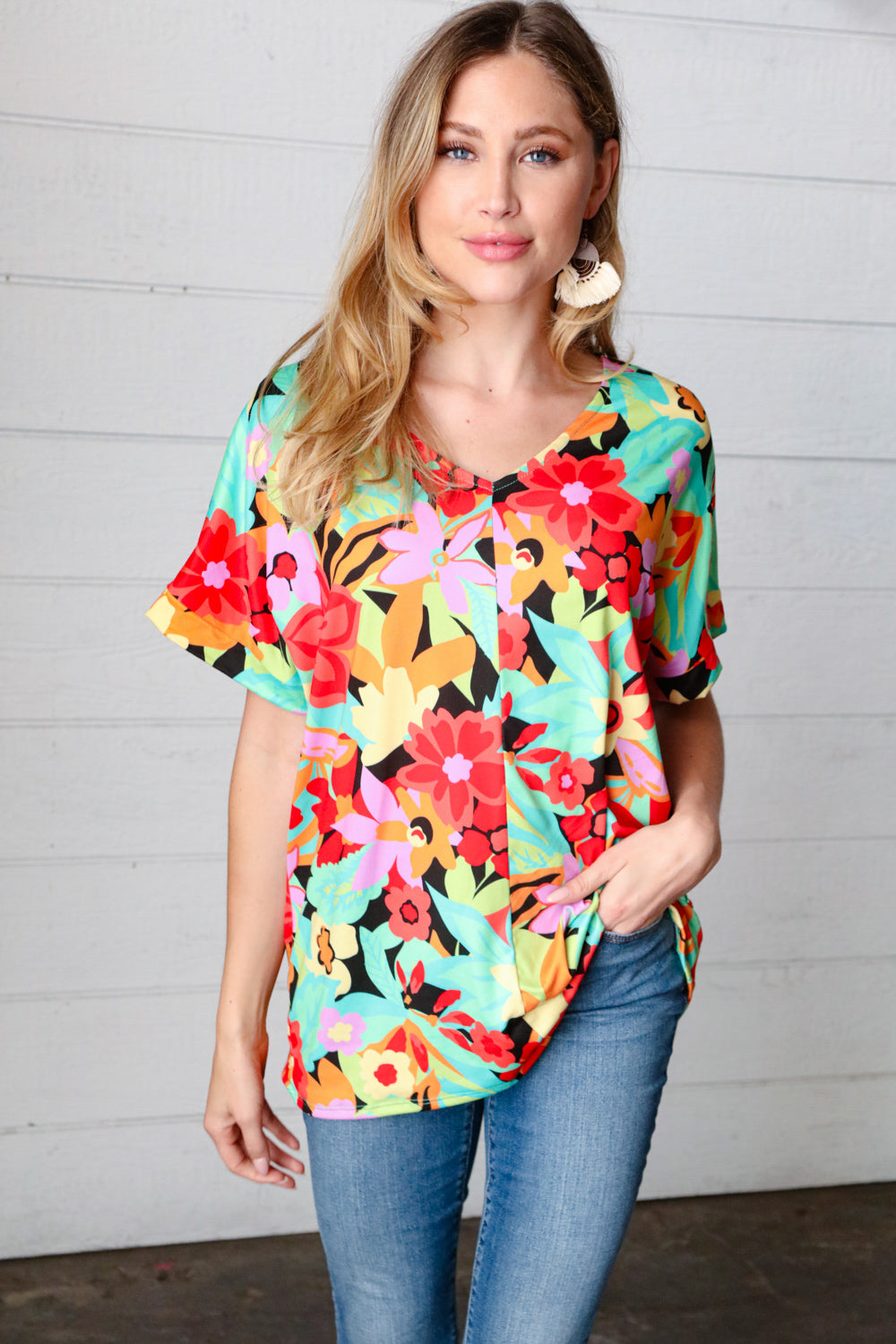 Multicolor Tropical Floral V Neck Drop Shoulder Top