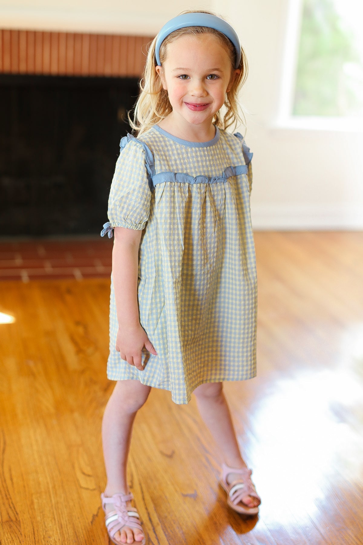 Charming Blue Gingham Elastic Tie Sleeve Dress