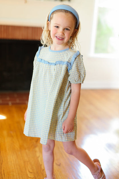 Charming Blue Gingham Elastic Tie Sleeve Dress