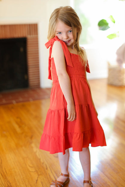 Darling Paprika Crepe Tiered Smocked Shoulder Tie Dress