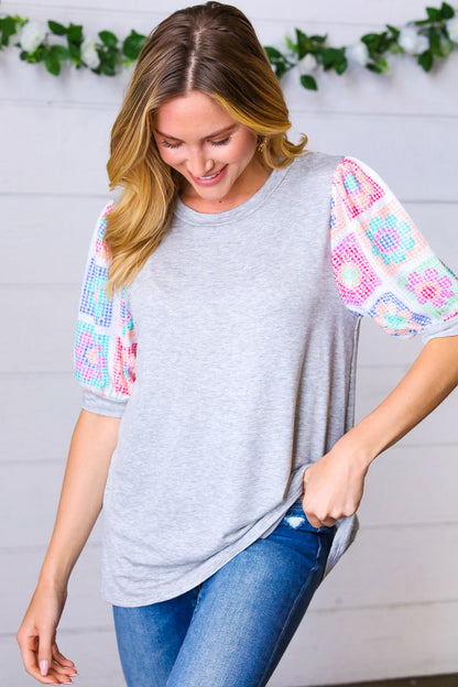 Grey Floral Crochet Print Puff Sleeve Top