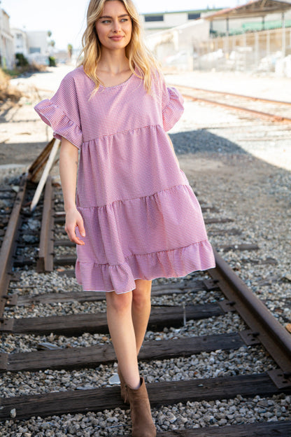 Red Ruffle Tiered Gingham Cotton Pocketed Dress