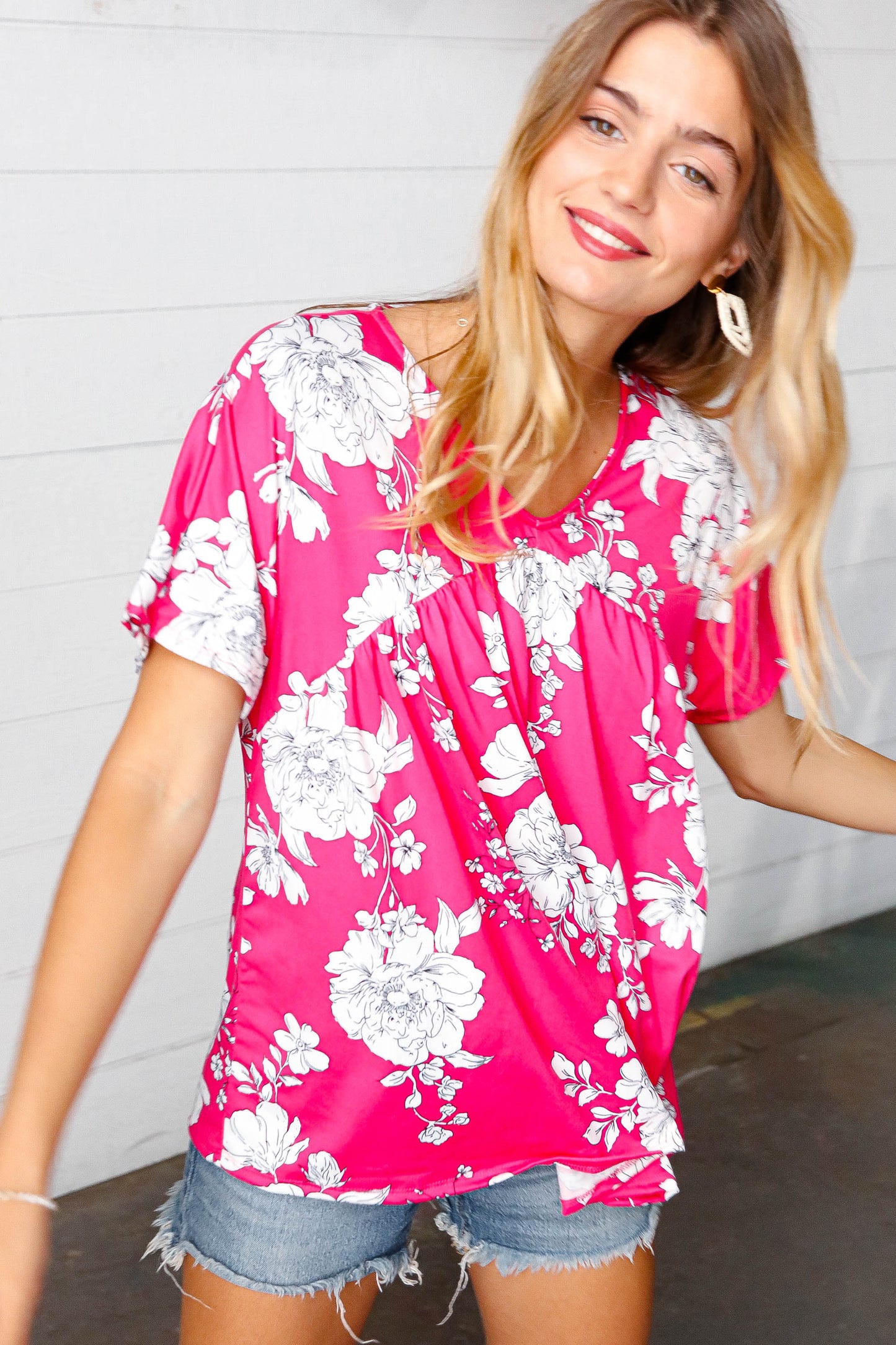 Fuchsia Floral V Neck Dolman Top