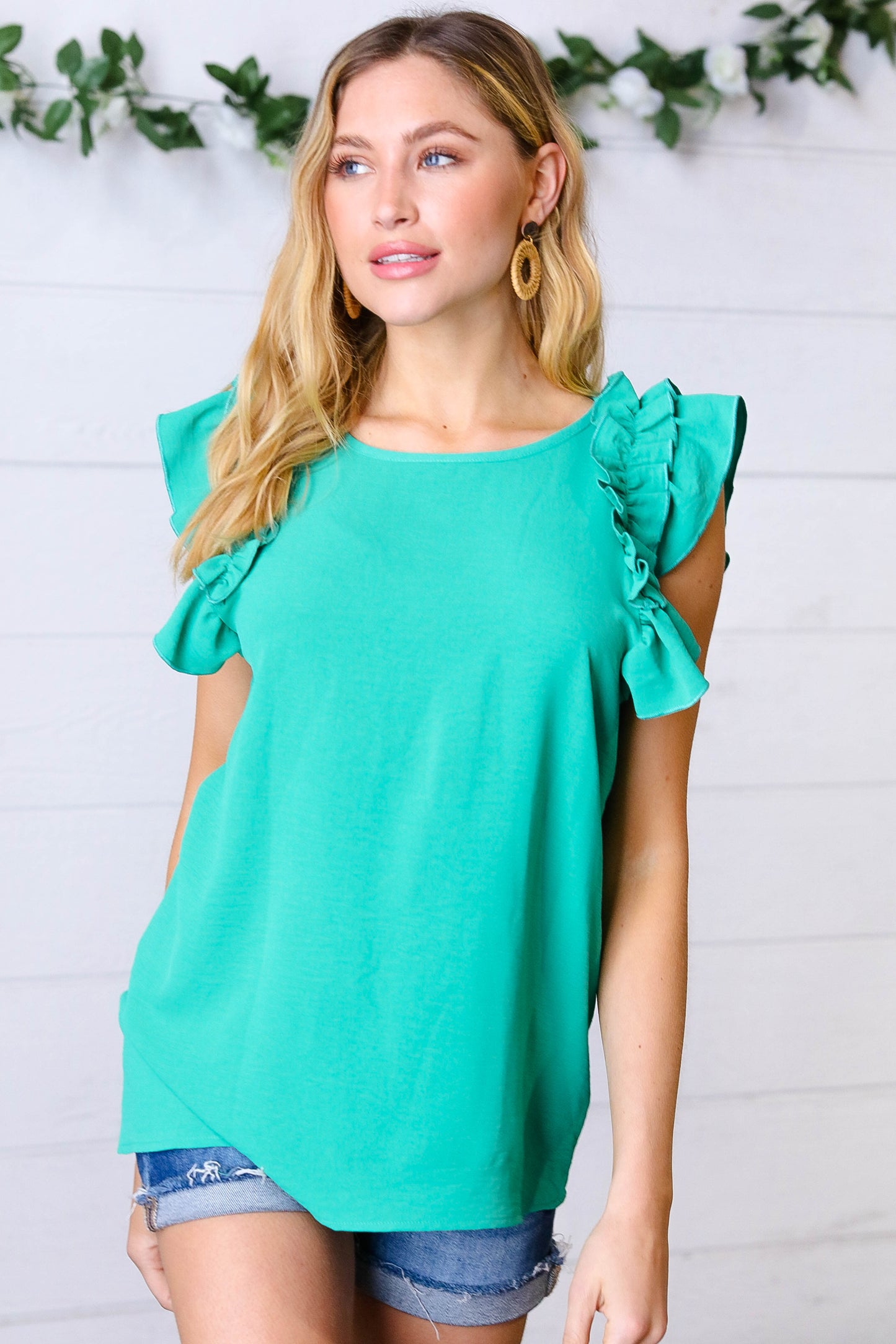 Kelly Green Double Ruffle Sleeve Crinkle Top