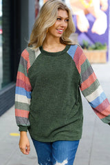 Carry On Forest Green Stripe Textured Knit Top Haptics
