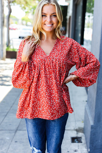 Rust V Neck Floral Babydoll Woven Top