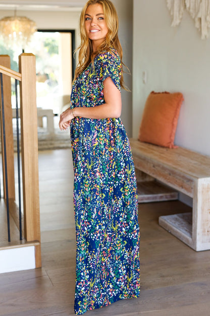 Beeson River Just Feels Right Navy Blue Floral V Neck Dolman Maxi Dress