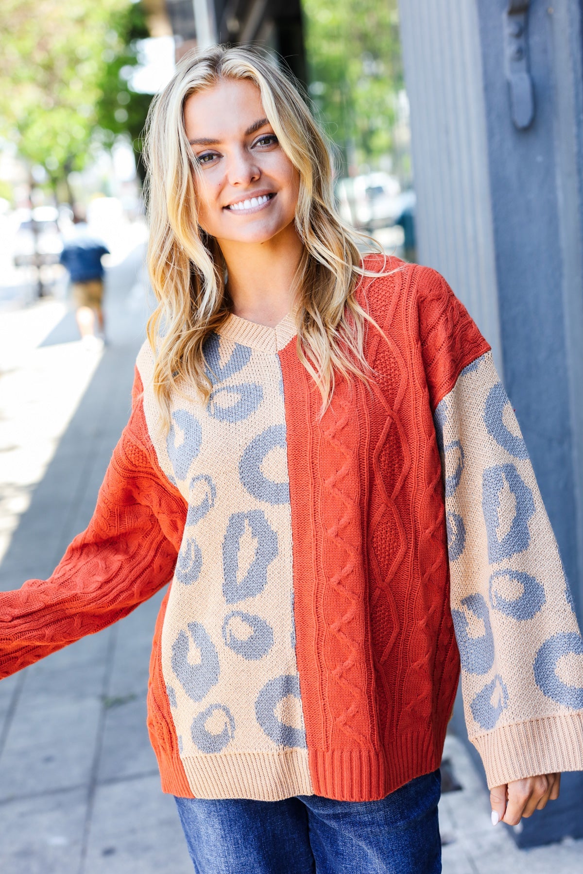 Rust & Taupe Animal Print Cable Knit Color Block Sweater