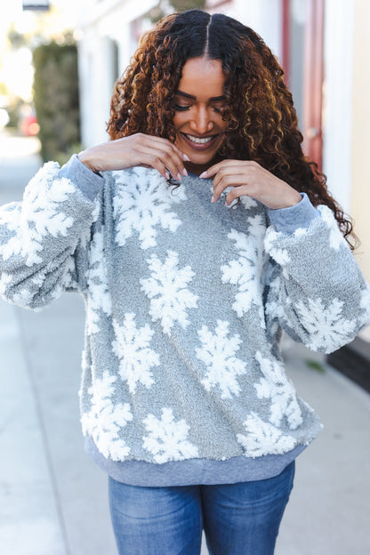 Season Greetings Silver Puffy Snowflake Sherpa Pullover