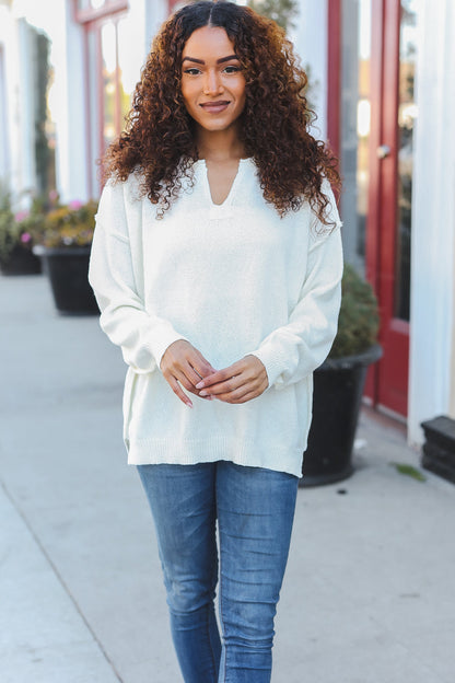 Lock Eyes Ivory Notched Neck With Patch Oversized Sweater