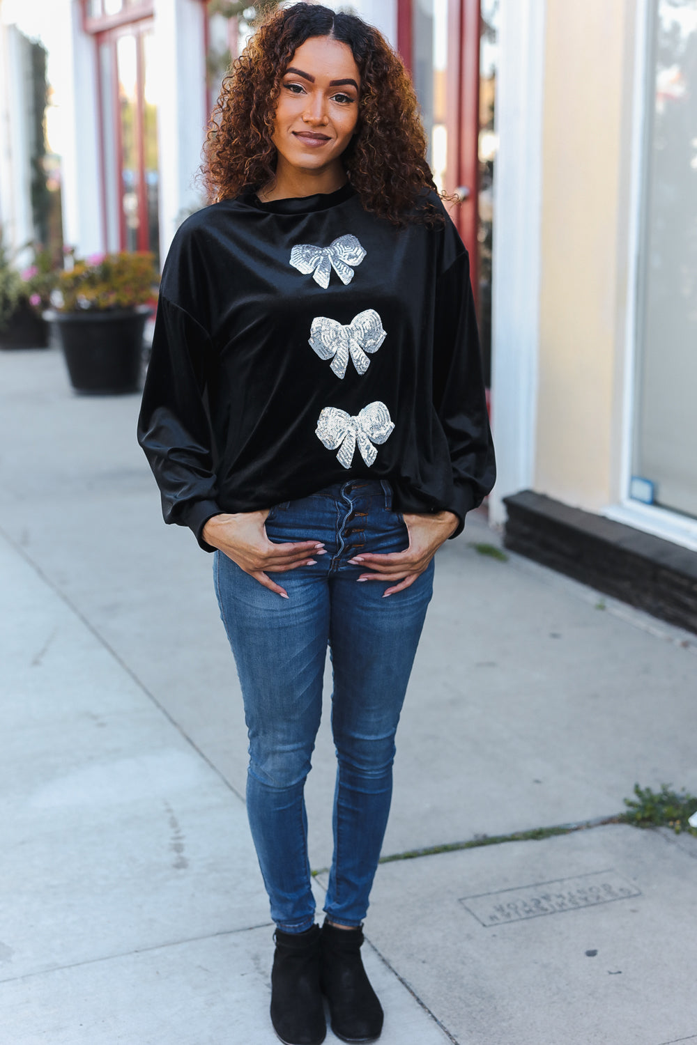 Home For The Holiday Silver Sequin Bow Velvet Pullover Top