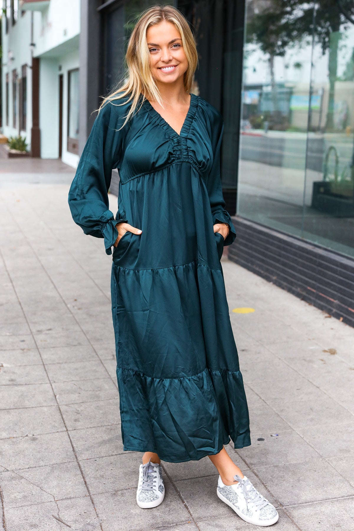 Elegant Hunter Green Elastic V Neck Tiered Satin Maxi Dress