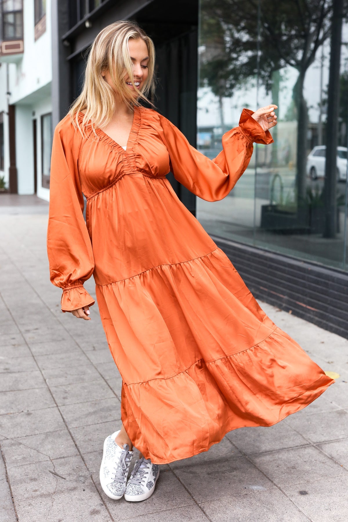 Elegant Rust Elastic V Neck Tiered Satin Maxi Dress