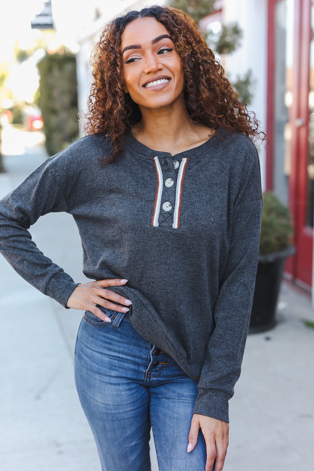 Casual Days Grey Ribbed Knit Button Down Henley Pullover