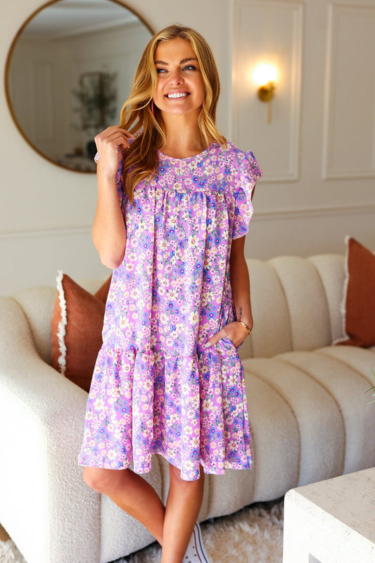 Haptics Lilac Floral Tiered Ruffle Sleeve Woven Dress