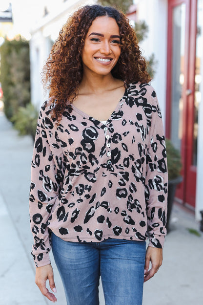 Be Bold Beige Rib Animal Print Button Placard Dolman Pullover