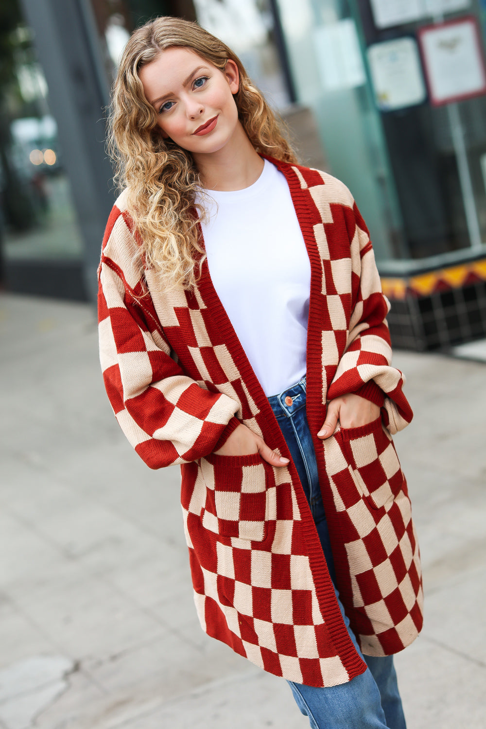 Can't Help But Love Rust Checkered Open Cardigan