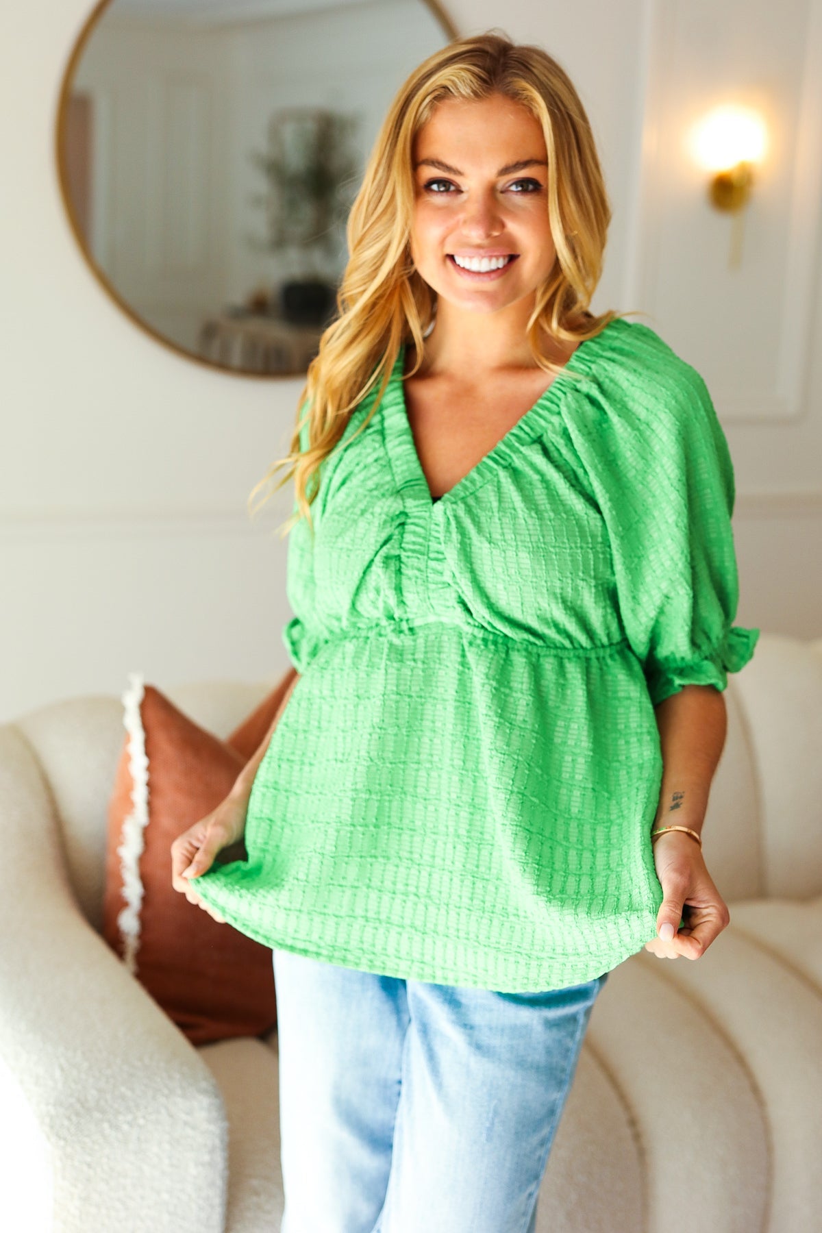 Haptics Kelly Green Textured V Neck Baby doll Top