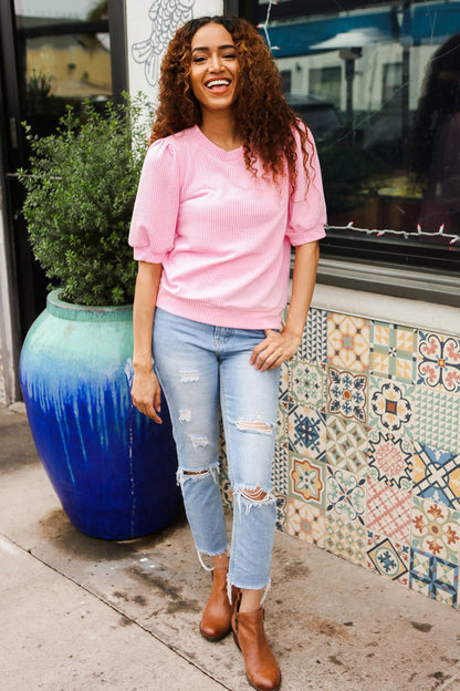 Pretty In Pink Puff Bubble Short Sleeve Wavy Rib Knit Top