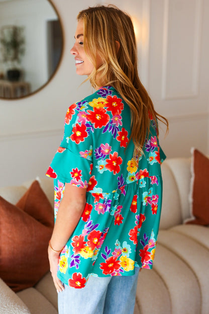 Take Me Away Teal Floral Drop Shoulder Babydoll Top