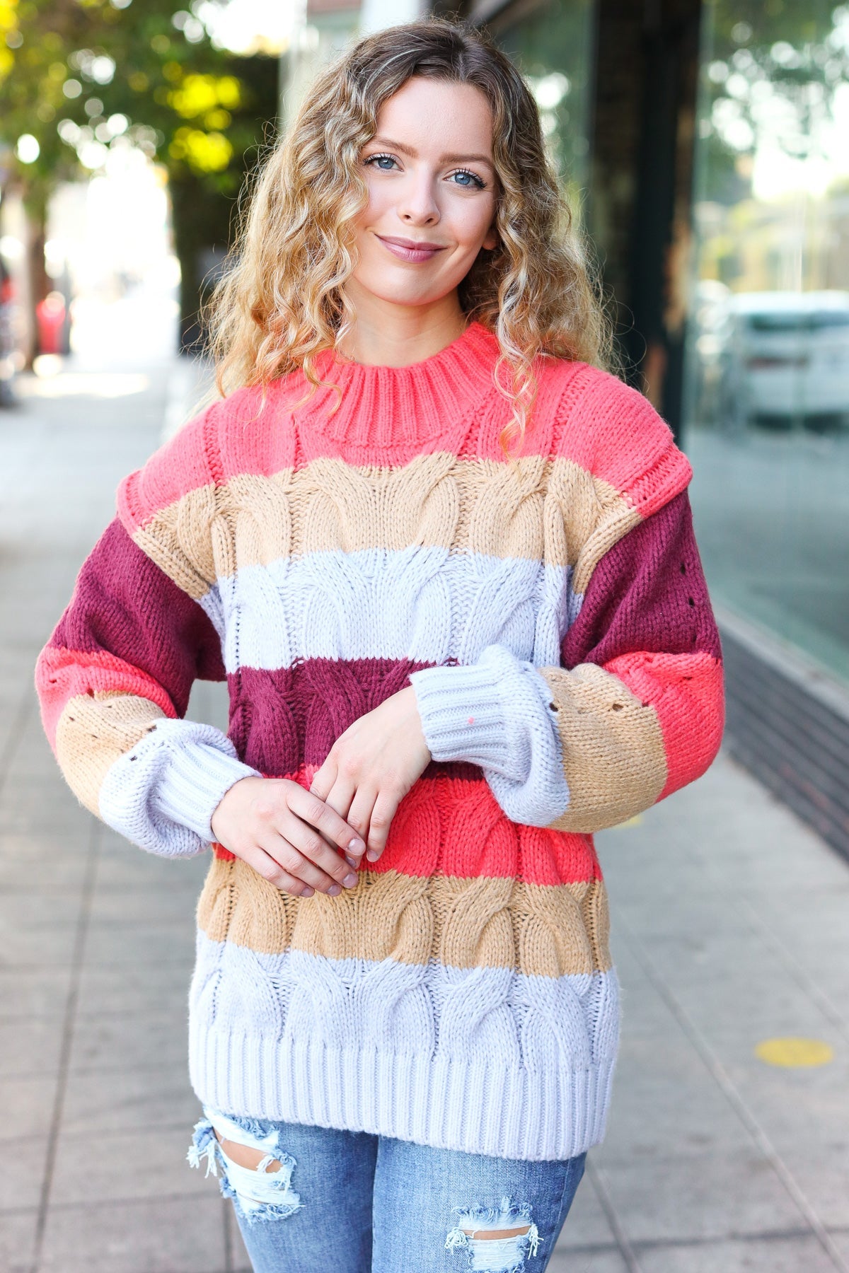 Fall For You Rust Multicolor Stripe Cable Knit Mock Neck Sweater