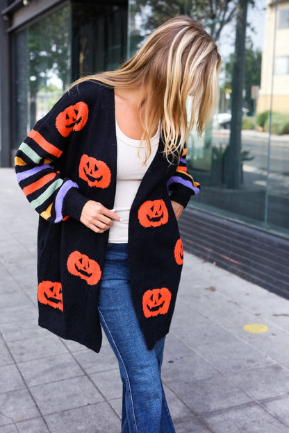 Pumpkin Multicolor Stripe Jacquard Knit Open Cardigan