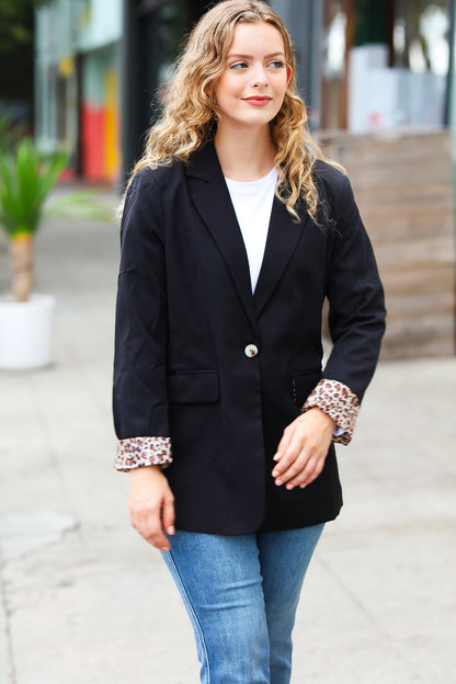 Feeling Bold Black Leopard Tailored Collar Lapel Blazer