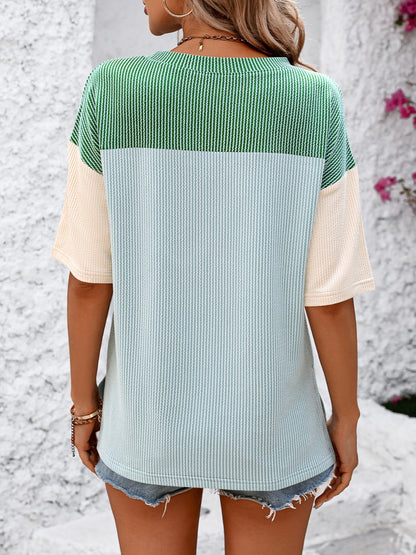 Color Block Round Neck Half Sleeve T-Shirt Trendsi