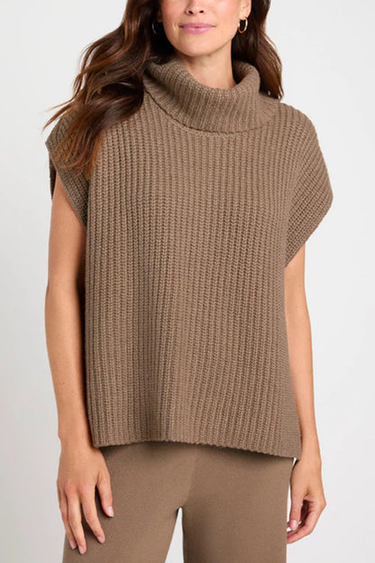 Slit Turtleneck Cap Sleeve Sweater Trendsi