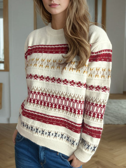 Geometric Round Neck Long Sleeve Sweater Trendsi