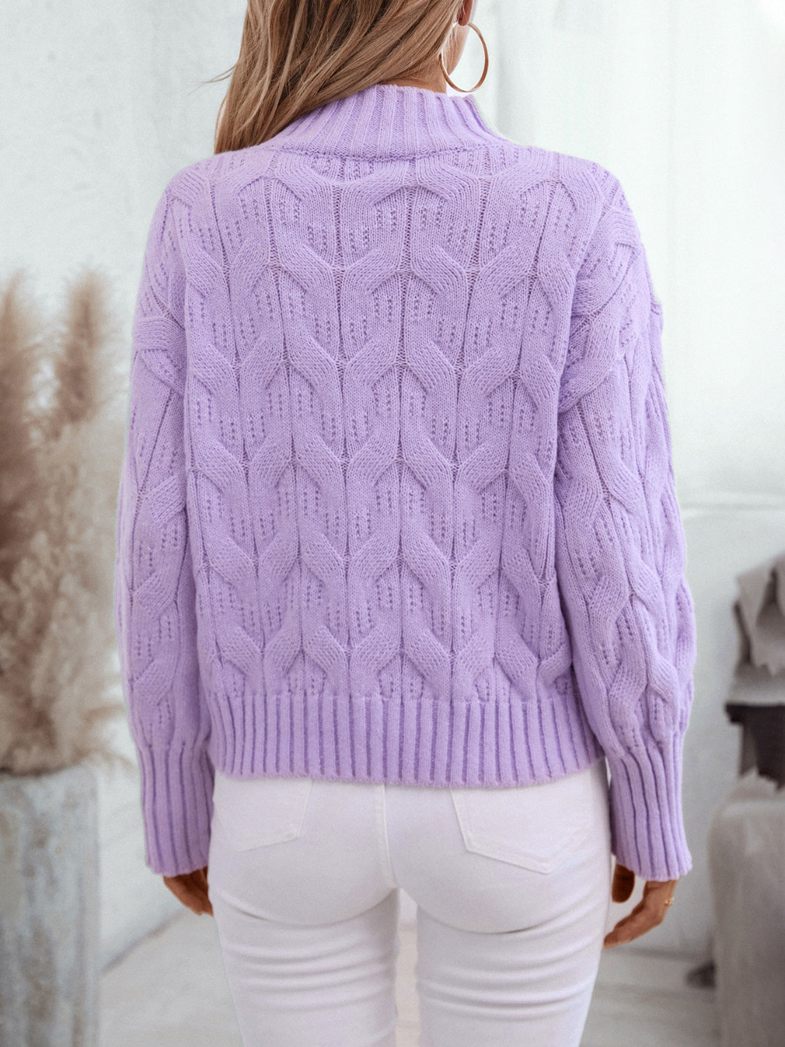 Cable Knit Mock Neck Long Sleeve Sweater Trendsi