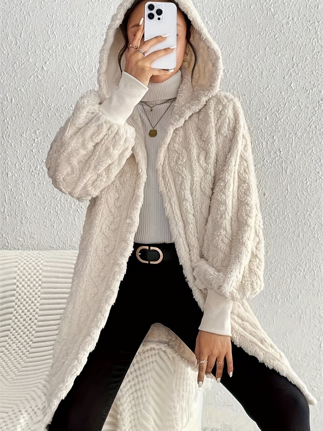 Open Front Long Sleeve Fuzzy Hooded Jacket Trendsi