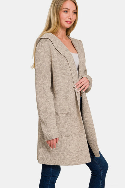 Zenana Hooded Open Front Sweater Cardigan Trendsi